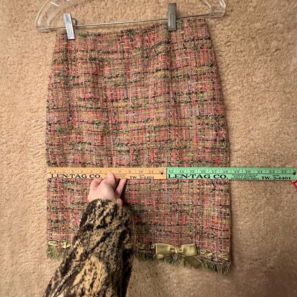 Rickie Freeman Teri Jon Tweed Pencil Skirt Bow Fringe Pink Green‎ Sz 2 - Picture 13 of 13